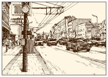 Russia.Moscow. Binalar, insanlar ve arabalar ile şehir sokak Kentsel görünümü. Yaz günü siyah beyaz el kalem ve mürekkeple çizim. Çizim stili