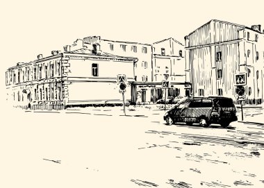 Russia.Moscow. Binalar, insanlar ve arabalar ile şehir sokak Kentsel görünümü. Yaz günü siyah beyaz el kalem ve mürekkeple çizim. Çizim stili