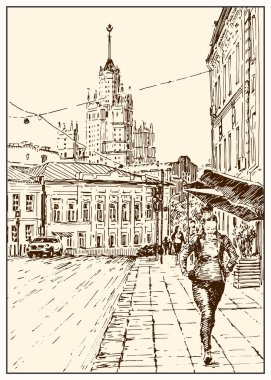 Russia.Moscow. Binalar, insanlar ve arabalar ile şehir sokak Kentsel görünümü. Yaz günü siyah beyaz el kalem ve mürekkeple çizim. Çizim stili