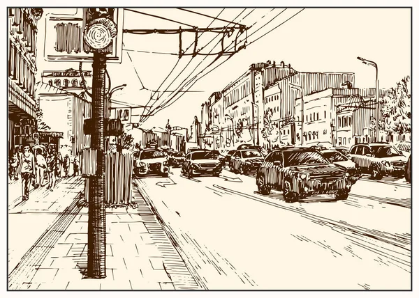 ロシア モスクワ 車のある街路の街の景色 夏の日はペンとインクで白黒の手描き スケッチ スタイル — ストックベクタ