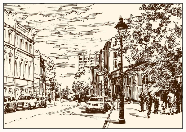 俄罗斯 莫斯科 城市景观的城市街道与建筑物 人和汽车 夏天的黑白手绘用笔和墨水 素描样式 — 图库矢量图片
