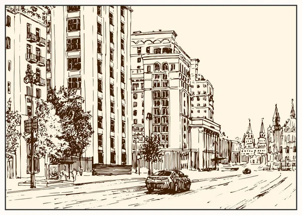 Russia.Moscow. Binalar, insanlar ve arabalar ile şehir sokak Kentsel görünümü. Yaz günü siyah beyaz el kalem ve mürekkeple çizim. Çizim stili