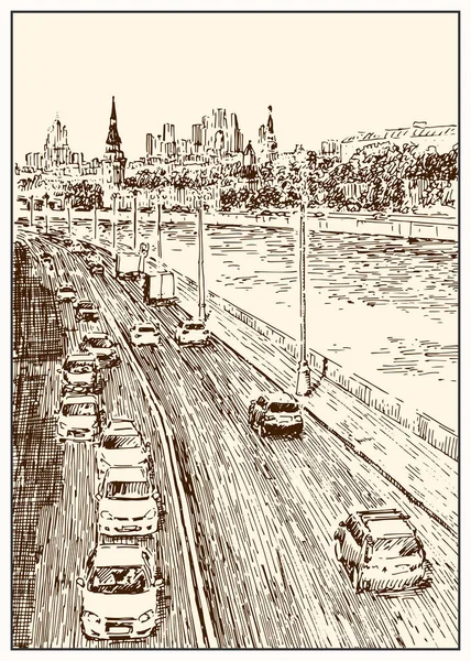 Russia.Moscow. Binalar, insanlar ve arabalar ile şehir sokak Kentsel görünümü. Yaz günü siyah beyaz el kalem ve mürekkeple çizim. Çizim stili