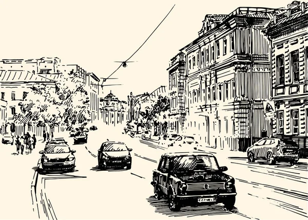 Russia.Moscow. Binalar, insanlar ve arabalar ile şehir sokak Kentsel görünümü. Yaz günü siyah beyaz el kalem ve mürekkeple çizim. Çizim stili