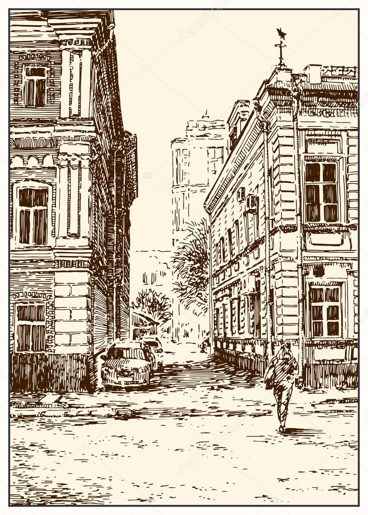 Russia.Moscow. Urban view of the city street with buildings, people and cars. Summer day black and white hand drawing with pen and ink. Sketch style