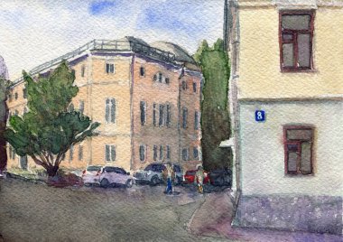 Russia.Moscow. Binalar, insanlar ve arabalar ile şehir sokak Kentsel görünümü. Yaz günü siyah beyaz el kalem ve mürekkeple çizim. Çizim stili