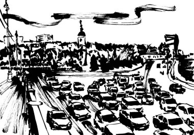 Russia.Moscow. Binalar, insanlar ve arabalar ile şehir sokak Kentsel görünümü. Yaz günü siyah beyaz el kalem ve mürekkeple çizim. Çizim stili