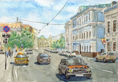 Russia.Moscow. Binalar, insanlar ve arabalar ile şehir sokak Kentsel görünümü. Yaz günü siyah beyaz el kalem ve mürekkeple çizim. Çizim stili