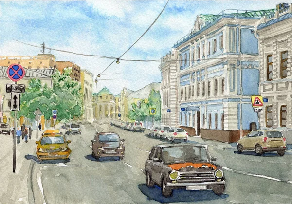 Rosja Moskwa Miejski Widok Ulicę Miejską Budynkami Ludźmi Samochodami Letni — Zdjęcie stockowe