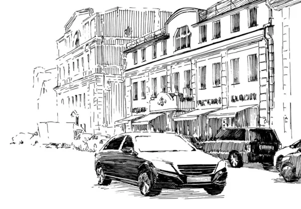 ロシア モスクワ 車のある街路の街の景色 夏の日はペンとインクで白黒の手描き スケッチ スタイル — ストック写真