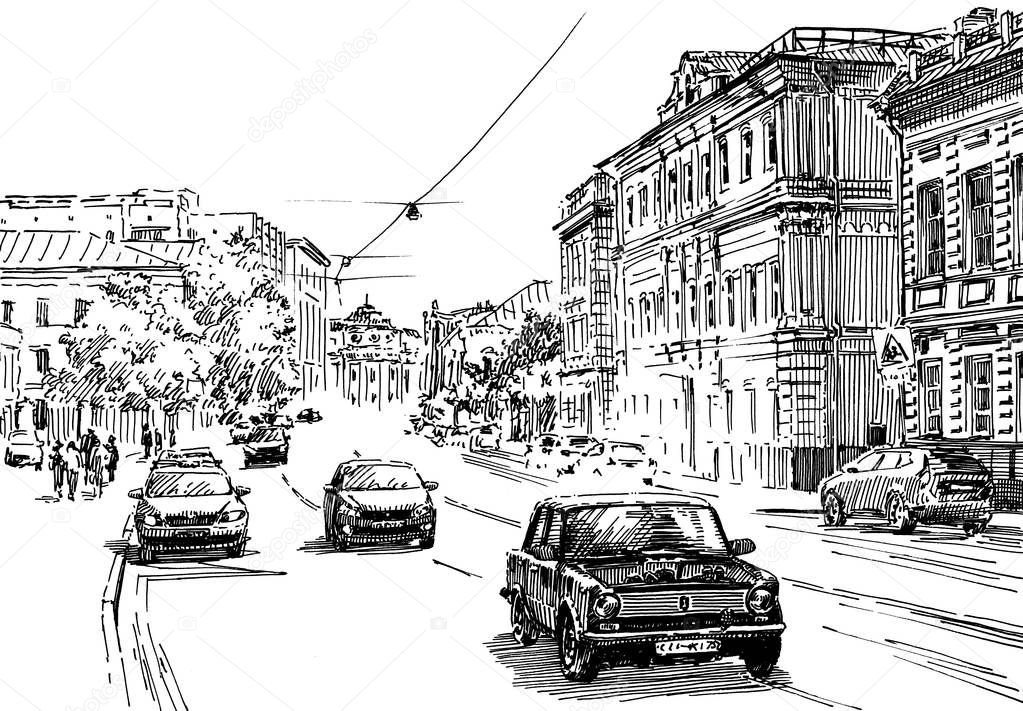 Russia.Moscow. Urban view of the city street with buildings, people and cars. Summer day black and white hand drawing with pen and ink. Sketch style