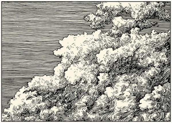 Bella Tratteggiata Mano Disegnare Nuvole Nel Cielo Penna Inchiostro Rinascimentale — Vettoriale Stock