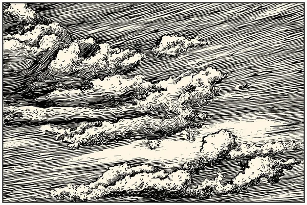 Güzel kesikli el gökyüzünde bulutlar çizin. Kalem ve mürekkep rönesans kitap gravür / gravür tarzı illüstrasyon. Işıklar ve gölgeler ile çizgi sanatı.