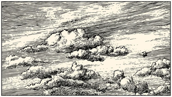 Güzel Kesikli Gökyüzünde Bulutlar Çizin Kalem Mürekkep Rönesans Kitap Gravür — Stok Vektör