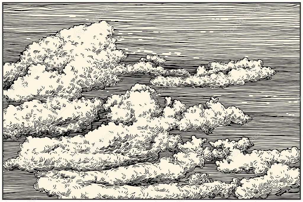 Beautiful dashed hand draw clouds in the sky. Pen and ink renaissance book etching / engraving style illustration. Line art with lights and shadows.