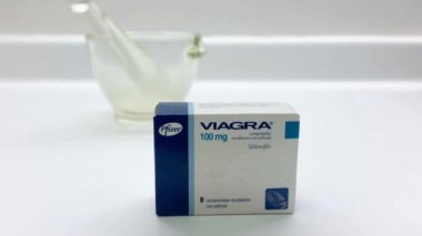 Madrid, İspanya 6 Ocak: Viagra uyuşturucu kutusu Ocak'ta 6, 2019 Madrid, İspanya.