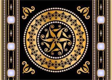 Değerli taşlar, altın zincirler ve incilerle süslenmiş kusursuz desenler..