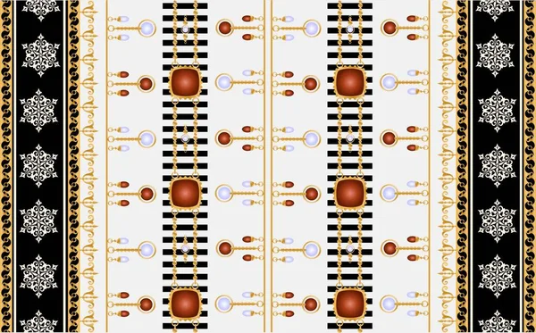 Pola Mulus Dihiasi Dengan Batu Mulia Rantai Emas Dan Mutiara - Stok Vektor