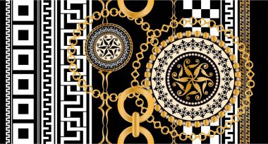 Değerli taşlar, altın zincirler ve incilerle süslenmiş kusursuz desenler..