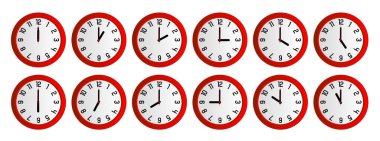 Renkli yuvarlak duvar saatleri ayarlandı.