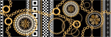 Değerli taşlar, altın zincirler ve incilerle süslenmiş kusursuz desenler..