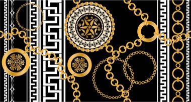 Değerli taşlar, altın zincirler ve incilerle süslenmiş kusursuz desenler..