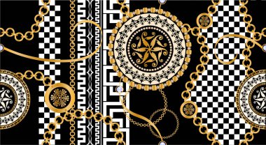 Değerli taşlar, altın zincirler ve incilerle süslenmiş kusursuz desenler..