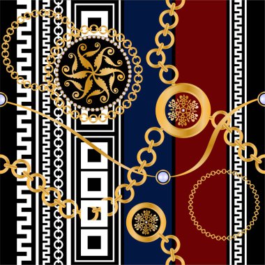 Değerli taşlar, altın zincirler ve incilerle süslenmiş kusursuz desenler..