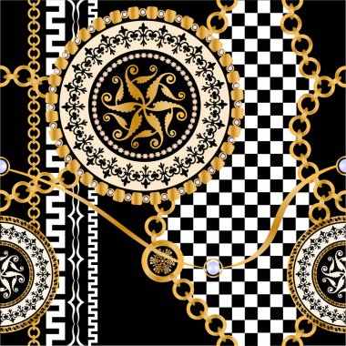 Değerli taşlar, altın zincirler ve incilerle süslenmiş kusursuz desenler..