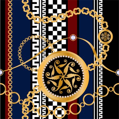 Değerli taşlar, altın zincirler ve incilerle süslenmiş kusursuz desenler..