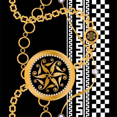 Değerli taşlar, altın zincirler ve incilerle süslenmiş kusursuz desenler..