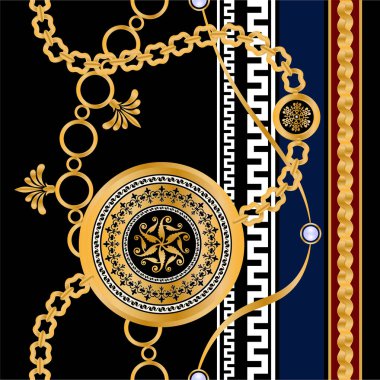 Değerli taşlar, altın zincirler ve incilerle süslenmiş kusursuz desenler..