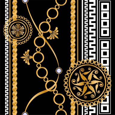 Değerli taşlar, altın zincirler ve incilerle süslenmiş kusursuz desenler..