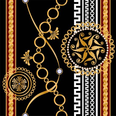 Değerli taşlar, altın zincirler ve incilerle süslenmiş kusursuz desenler..