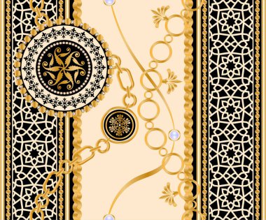 Değerli taşlar, altın zincirler ve incilerle süslenmiş kusursuz desenler..