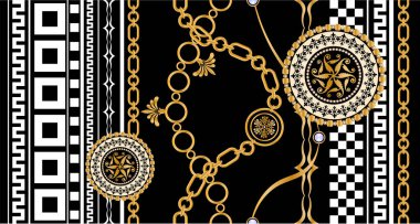 Değerli taşlar, altın zincirler ve incilerle süslenmiş kusursuz desenler..