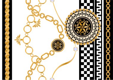 Değerli taşlar, altın zincirler ve incilerle süslenmiş kusursuz desenler..