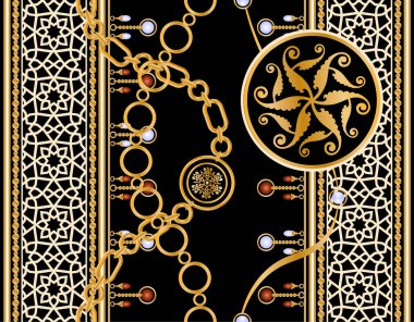 Değerli taşlar, altın zincirler ve incilerle süslenmiş kusursuz desenler..