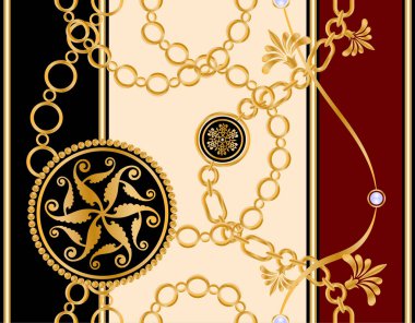Değerli taşlar, altın zincirler ve incilerle süslenmiş kusursuz desenler..