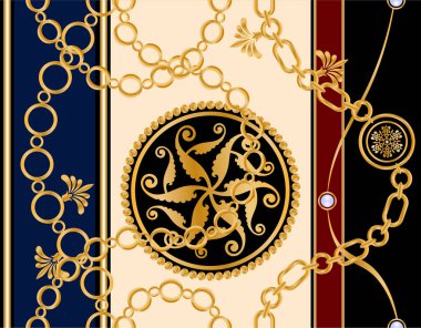 Değerli taşlar, altın zincirler ve incilerle süslenmiş kusursuz desenler..