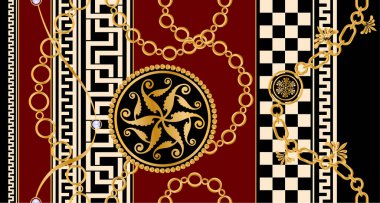 Değerli taşlar, altın zincirler ve incilerle süslenmiş kusursuz desenler..