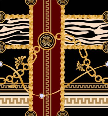 Değerli taşlar, altın zincirler ve incilerle süslenmiş kusursuz desenler..