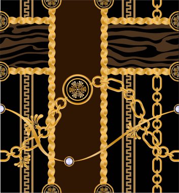 Değerli taşlar, altın zincirler ve incilerle süslenmiş kusursuz desenler..