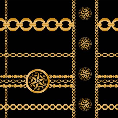 Değerli taşlar, altın zincirler ve incilerle süslenmiş kusursuz desenler..