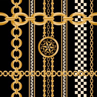 Değerli taşlar, altın zincirler ve incilerle süslenmiş kusursuz desenler..