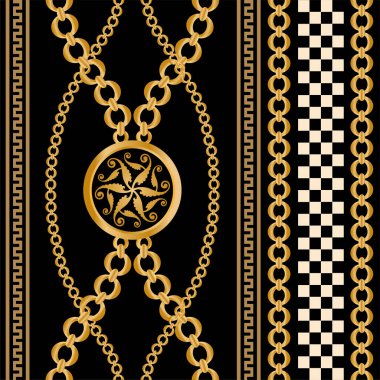 Değerli taşlar, altın zincirler ve incilerle süslenmiş kusursuz desenler..