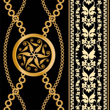 Değerli taşlar, altın zincirler ve incilerle süslenmiş kusursuz desenler..