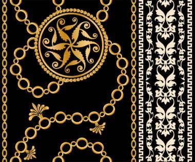 Değerli taşlar, altın zincirler ve incilerle süslenmiş kusursuz desenler..