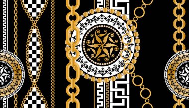 Değerli taşlar, altın zincirler ve incilerle süslenmiş kusursuz desenler..