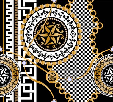 Değerli taşlar, altın zincirler ve incilerle süslenmiş kusursuz desenler..